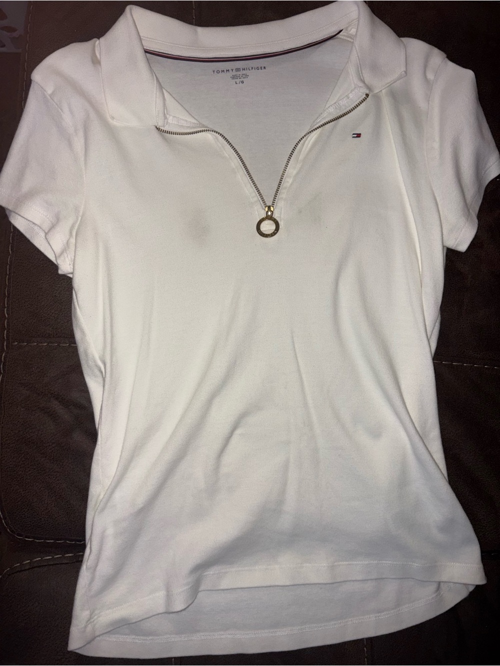 Tommy Hilfiger White Short-Sleeve Polo with Gold Ring Zip